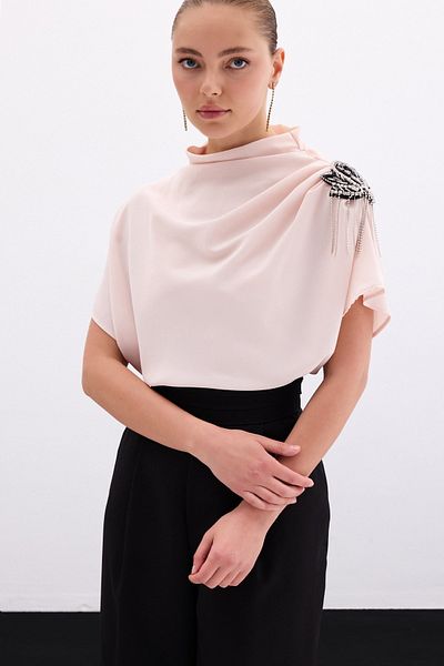 Sateen Casual Blouse with One Shoulder Accessory - Powder