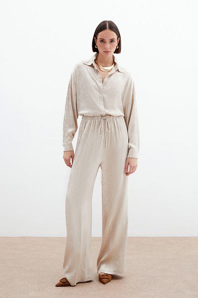 Sateen Jacquard Satin Trousers - Beige