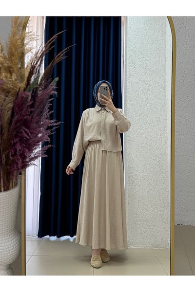 MİHRA STORE Seressa Shoulder Pleat Detail Skirt Double Suit-Tn0001 Stone