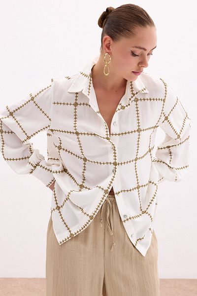 Sateen Embroidery Detailed Viscose Shirt - Khaki