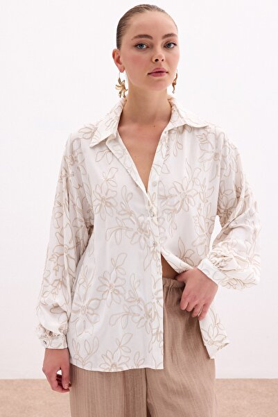 Sateen Floral Embroidered Viscose Shirt - Beige