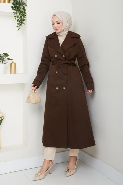 HARMAN BUTİK Γυναικεία καφέ καμπαρντίνα με κουμπιά