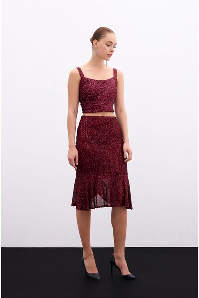Sateen Спідниця з воланами та паєтками - бордова
