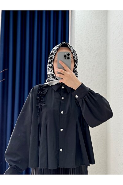 MİHRA STORE Yelique Κοντό Πουκάμισο με Σούρες στους Ώμους-BN4393 Μαύρο