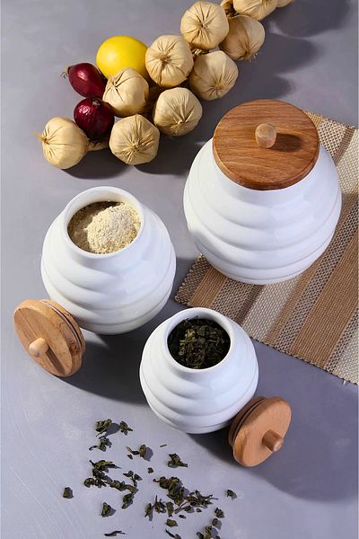 Woodcept Set of 3 Porcelain Honey Hive Model Wooden Vacuum Lid Tea, Sugar, Salt, Coffee Storage Jars
