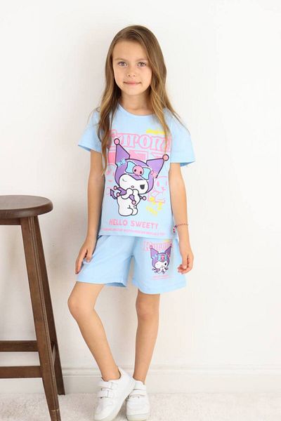 YUMİYUMM Girl's Character Printed Blue Shorts Set