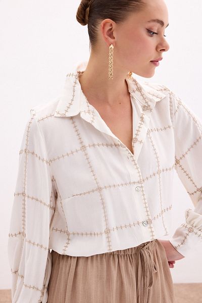 Sateen Embroidery Detailed Viscose Shirt - Beige
