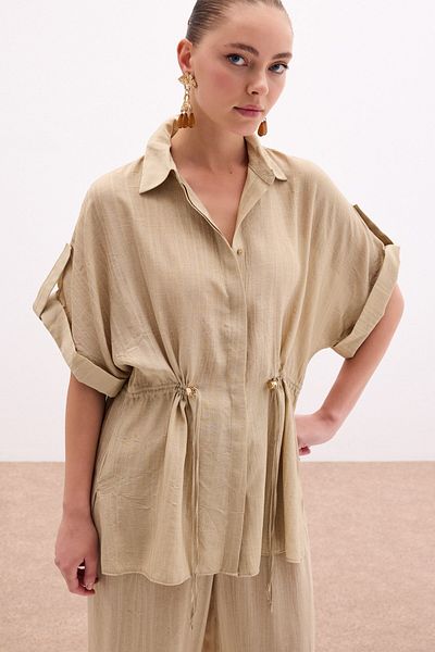 Sateen Waist Drawstring Detailed Shirt - Khaki