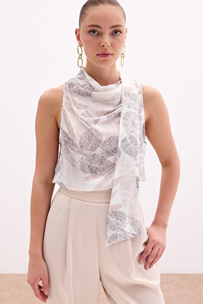 Sateen Fularlı Desenli Bluz - Vizon