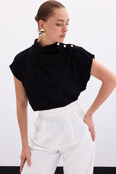 Sateen Bluză cu un singur umăr - neagră
