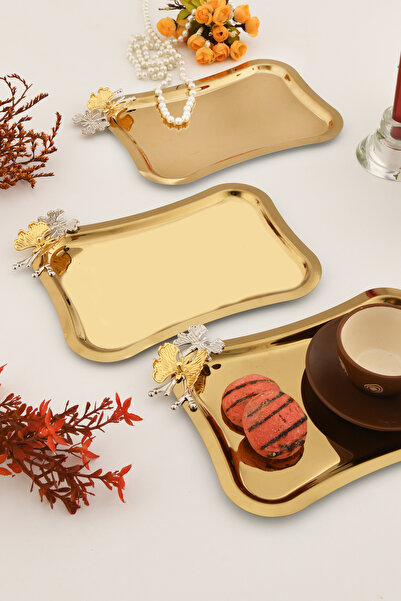 AKSESUAR EVRENİ Naldo italyan model kelebek detaylı 3 Adet sunum tepsisi gold