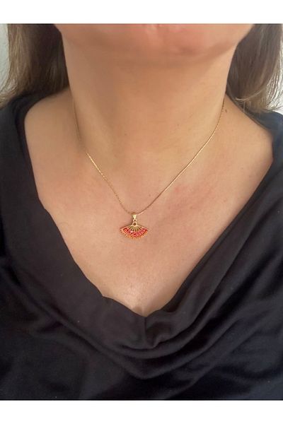 ALS Tasarım Dünyası Women's Gold Color Chain with Red Color Zircon Stone Fan Model Steel Necklace