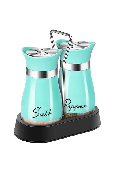 ABYZ Set de 2 solnițe și pipernițe din oțel inoxidabil, suport albastru, accesorii de bucătărie practice și moderne