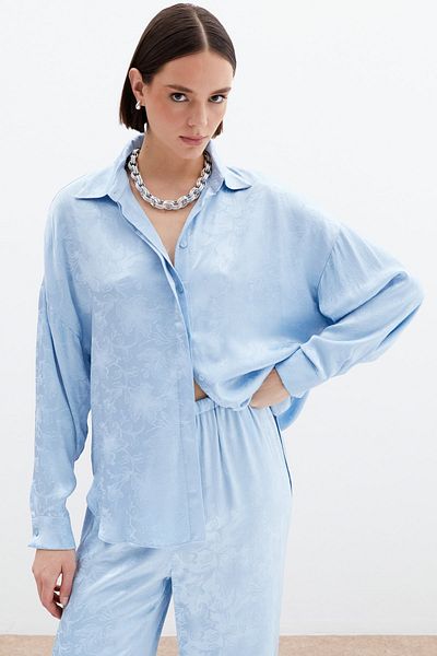 Sateen Jacquard Satin Shirt - Baby Blue