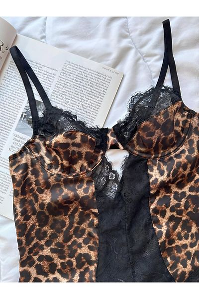 Jenny Daphne Σατέν δαντέλα με σχέδιο Leopard See-through Underwire Bodysuit με κουμπωτά στο κάτω μέρος Blue-652