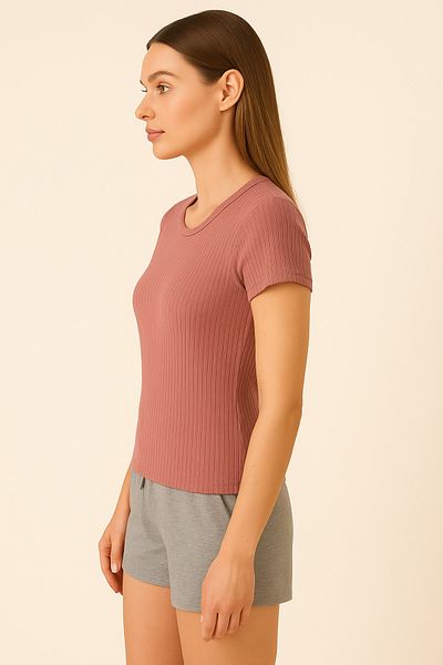 HNX Women's Ribbed Short Sleeve Cotton T-Shirt