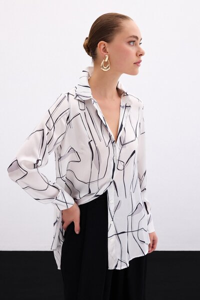 Sateen Yırtmaç Detaylı Gömlek - Ekru