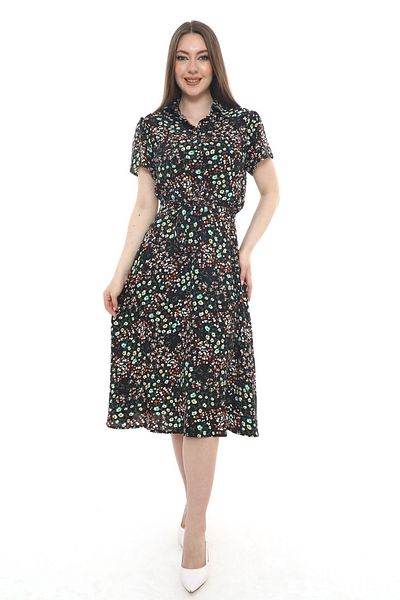 etselements Rochie cu guler floral, nasturi, curea, buzunar 405