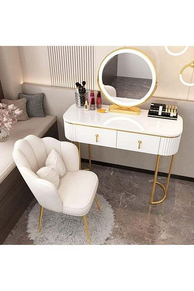 Generic Makeup Vanity Table Set with Touch Screen Lighted Mirror, 2 Drawers, Cushioned Stool, M