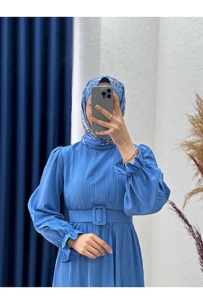 MİHRA STORE Zenora Elastic Waist Nada Mevlana Dress-Kb7475 Blue
