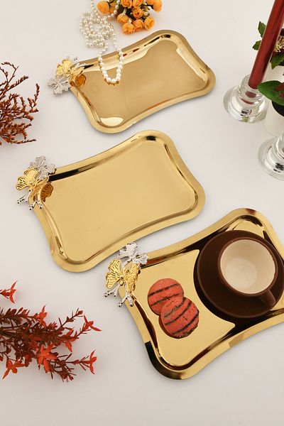 AKSESUAR EVRENİ Naldo Italian Model Butterfly Detailed 3 Presentation Trays Gold