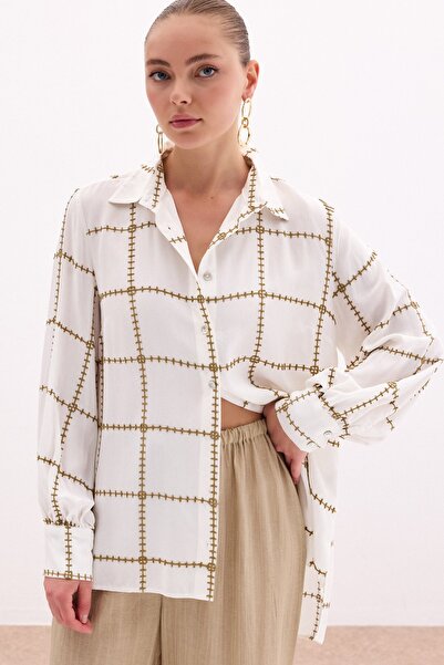 Sateen Nakış Detaylı Viskon Gömlek - Haki