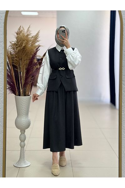 MİHRA STORE Zenetta Belt Chain Detailed Lined Vest Double Suit-Ün3000 Anthracite