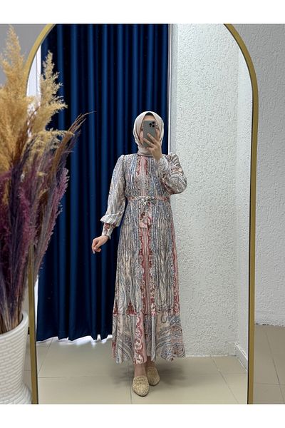 MİHRA STORE Alegra Patterned Pleated Belted Dress-By91086 Stone