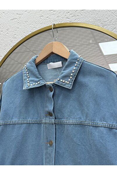 MİHRA STORE Gazelle Collar and Pocket Stone Embroidered Denim Jacket-Ls1455 Blue