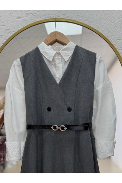 MİHRA STORE Aden Button Detailed Belted Cloth Foot Gilet-Ml2075 Gray