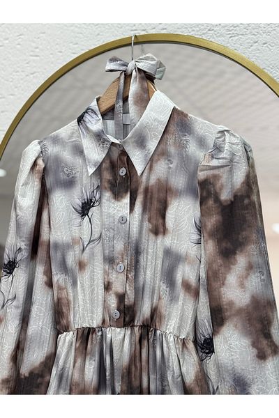 MİHRA STORE Benna Patterned Gathered Digital Dress-Mf1751 Brown