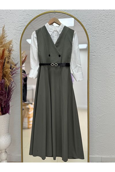 Mihra Aden Button Detailed Belted Cloth Foot Gilet-Ml2075 Khaki