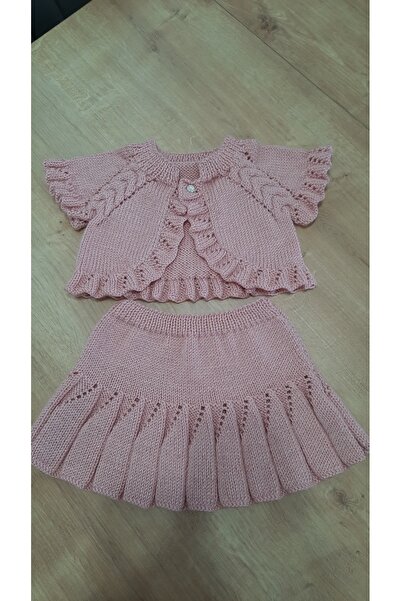 El örgüsü BEBE YÜNÜ EL ÖRGÜSÜ 2"Lİ TAKIM ELBİSE 1-2 YAİ UYUMLU PUDRA