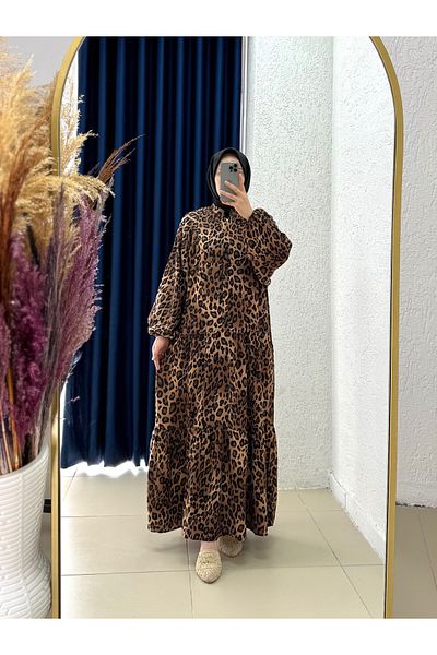 MİHRA STORE Tirmora Leopard Patterned Viscose Dress-Pe606 Brown