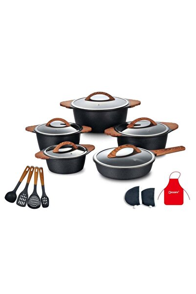 Dessini طقم أواني طهي جرانيت غير لاصقة من 17 قطعة، طاجن 20/24/28/32 سم، طاجن ضحل 28 سم - PFO
