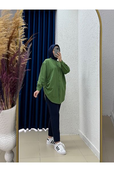 MİHRA STORE Yelera Long Buttoned Side Shirred Shirt-Ek1042 Green