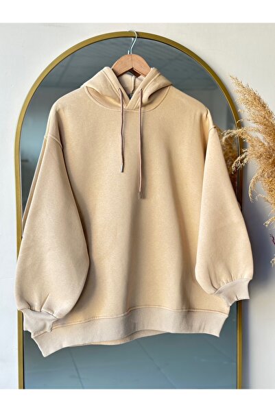 MİHRA STORE Banu Side Овална джоб Оверсайз качулка Трикотажна блуза с три връзки-ZN1644 Камък