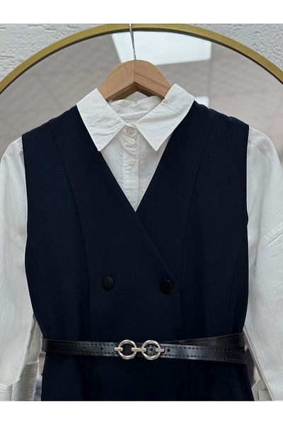 Mihra Aden Button Λεπτομερής Ζώνη Πανί Πόδι Gilet-ML2075 Navy Blue