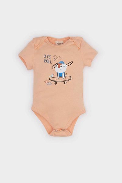 DeFacto Baby Boy Newborn Crew Neck Printed Ribbed Short Sleeve Snap Body E8230A525Sm