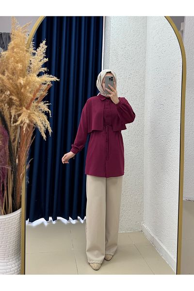 MİHRA STORE Melis Pocketed Piping Belted Linda Shirt-El1869 Plum