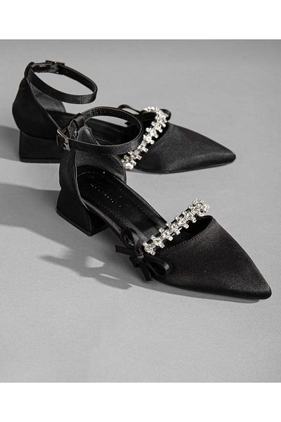 NASSAN Stone Bow Low Heel Satin Shoes