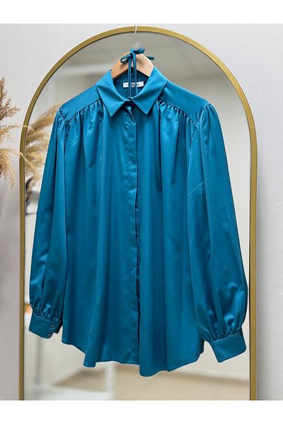 MİHRA STORE Müge Shoulder Gather Detailed Satin Shirt-Ün1453 Blue