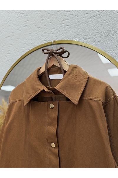 MİHRA STORE Alçin Leather Belted Gold Button Jacket-Nn20066 Tan