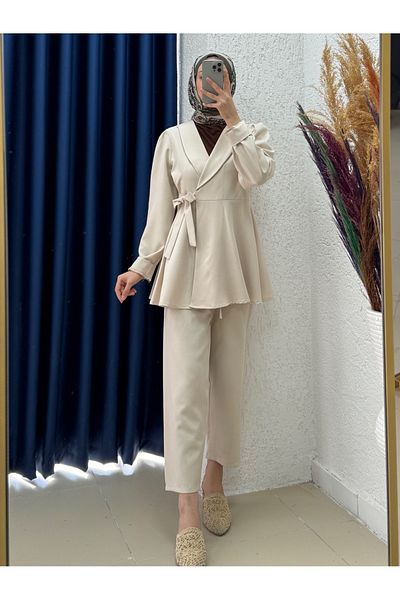 MİHRA STORE Bellinzona Girdle Detailed Jacket Suit-As00466 Stone