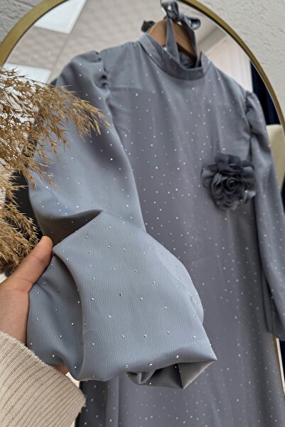 MİHRA STORE Φόρεμα Nevin Stoned Rose Satin-BN4346 Γκρι