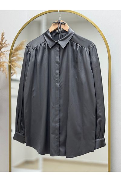 MİHRA STORE Müge Shoulder Drawstring Detailed Satin Shirt-Ün1453 Gray
