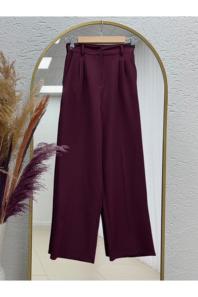 MİHRA STORE İda Front Pleat Detail Palazzo Trousers Claret Red