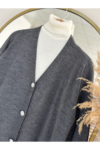 MİHRA STORE Defne Daisy Buttoned Long Cardigan-Zi̇6184 Anthracite