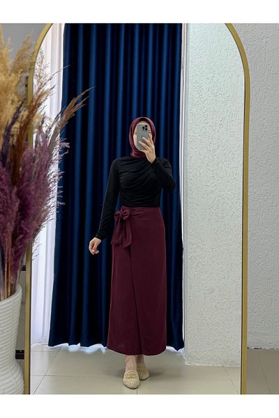 MİHRA STORE Veleva Tied Linen Skirt-Bn4139 Claret Red