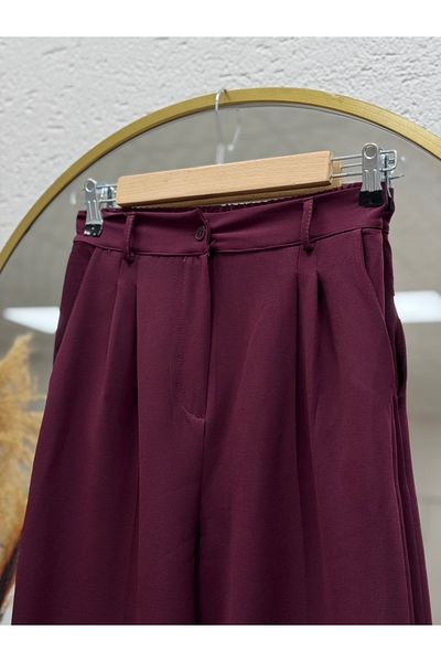 MİHRA STORE İda Front Pleat Detail Palazzo Trousers Claret Red